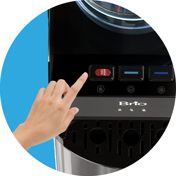A hand is pressing a red button on a black water dispenser with a blue background. The dispenser has the Brio logo and several indicator lights.
